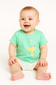"Baby Boys Green Giraffe Print T-Shirt & Striped Shorts Set – 100% Cotton"