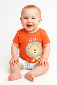 "Baby Boys Orange ‘Roar’ Lion Print T-Shirt & Animal Print Shorts Set – 100% Cotton"