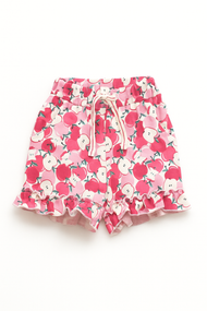 "Girls Pink Apple Print Ruffle Shorts – Soft Cotton with Drawstring Waist"