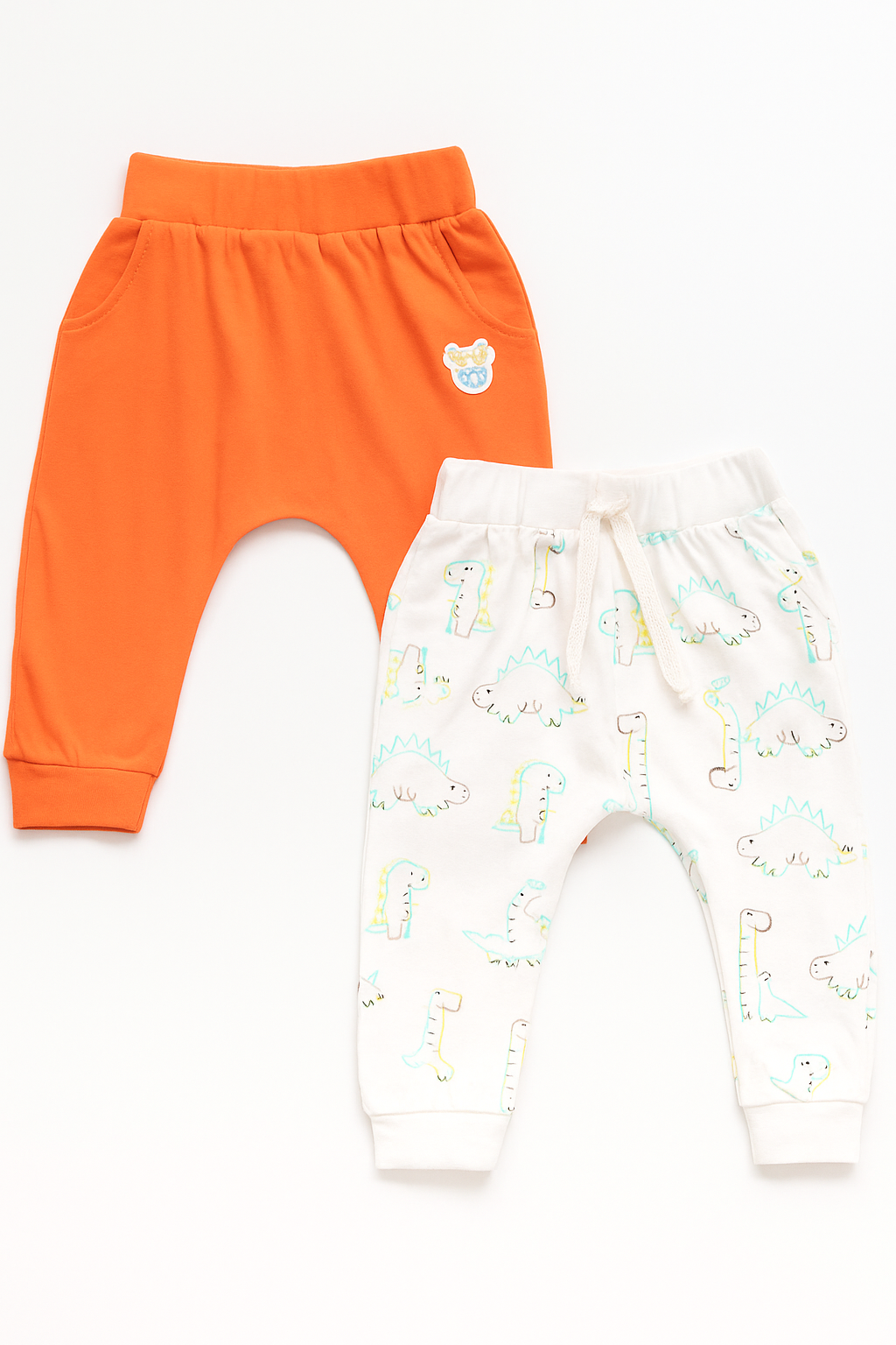 "Baby Boys' Cotton Jogger Pants - Pack of 2 (Orange & Dino Print)"