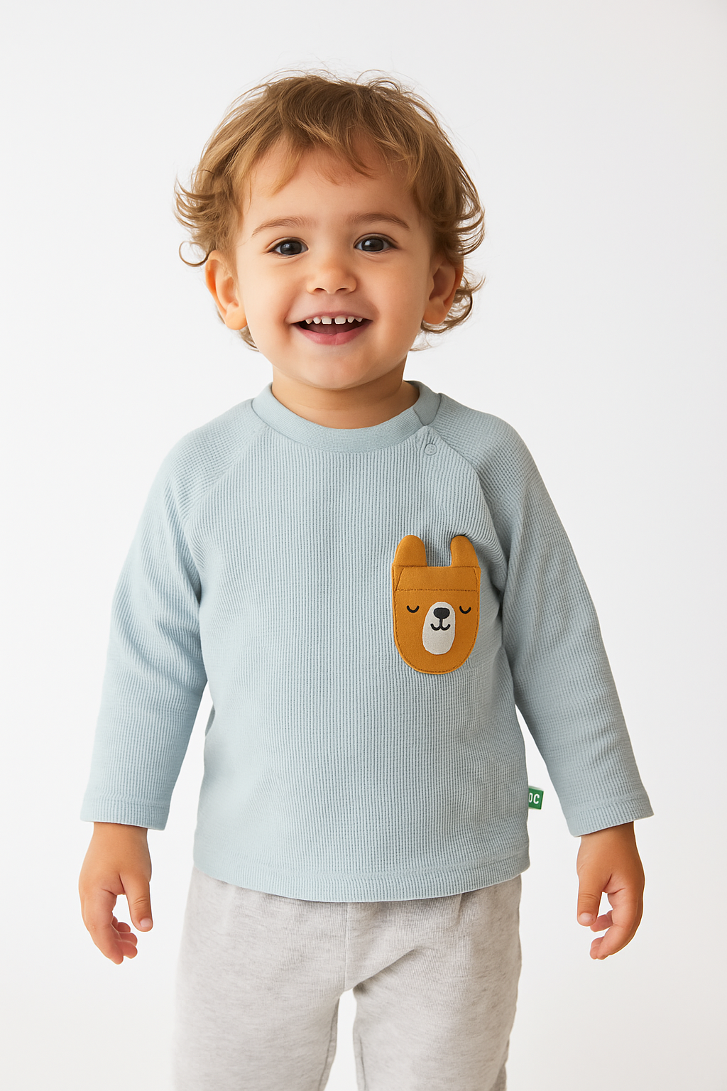 Baby Boys' Blue Waffle Knit Long Sleeve T-Shirt with Cute Bear Pocket Detail