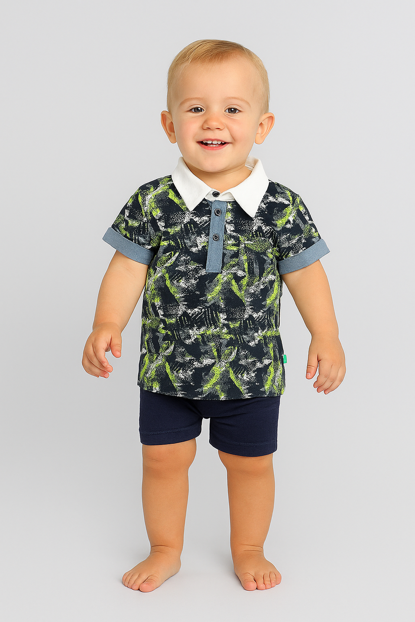 Baby Boys' Navy Blue & Neon Green Abstract Print Polo T-Shirt with Contrast Collar