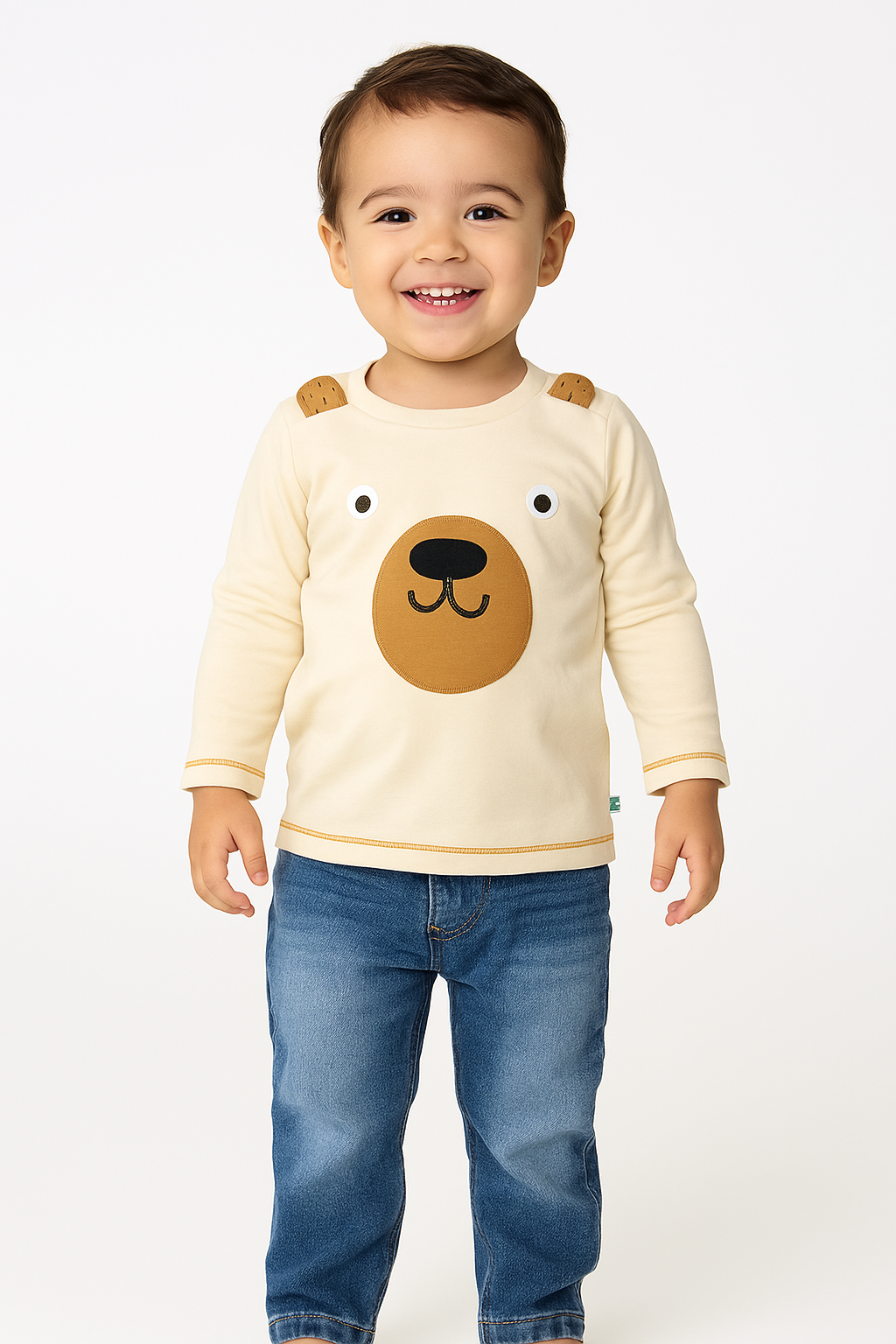 Boys' Beige Bear Face Long-Sleeve T-Shirt with 3D Ear Details