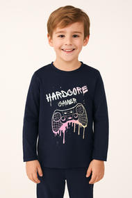 Boys' Navy Blue "Hardcore Gamer" Printed Long Sleeve T-Shirt