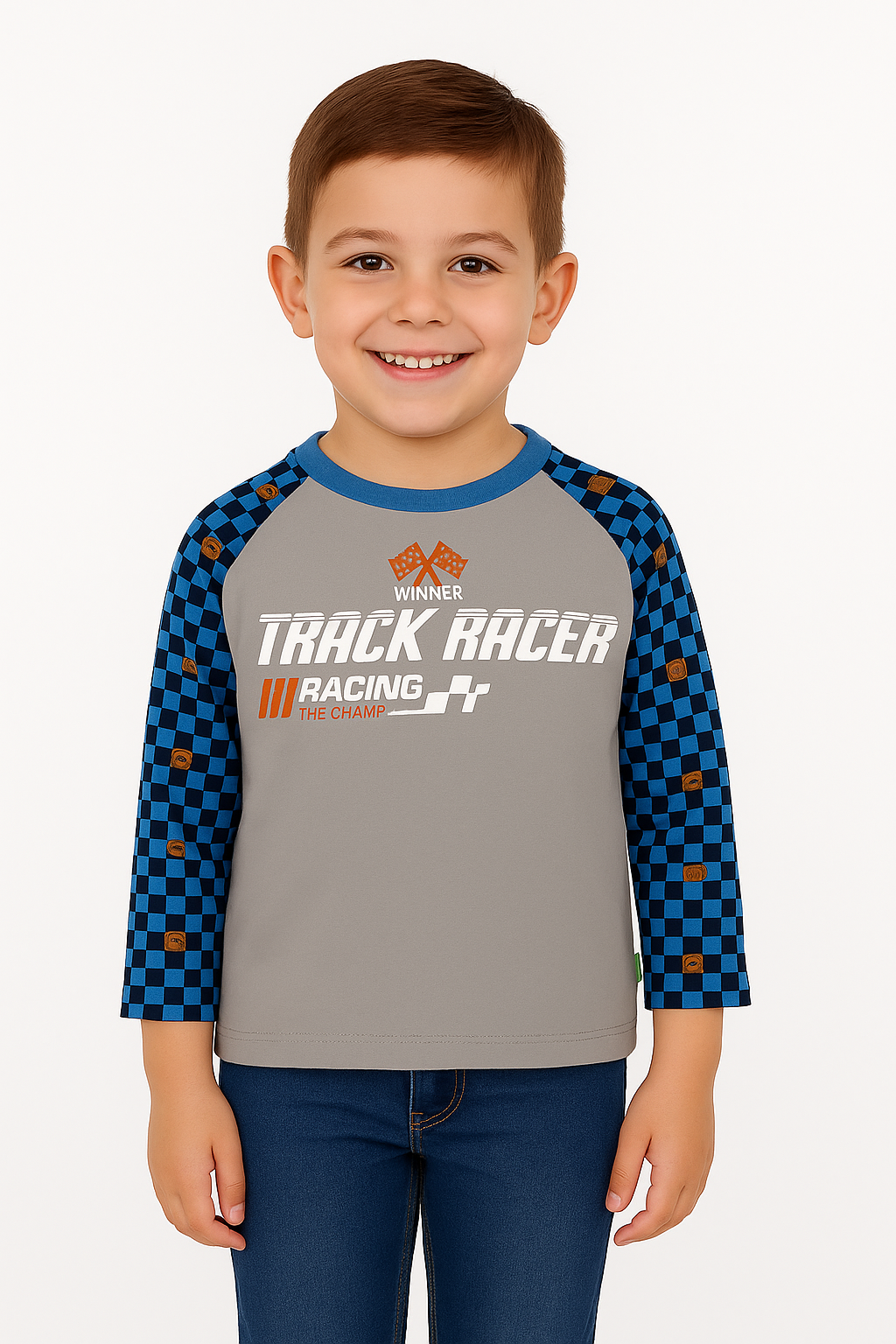 Boys' Track Racer Graphic Long-Sleeve T-Shirt with Checkered Sleeves