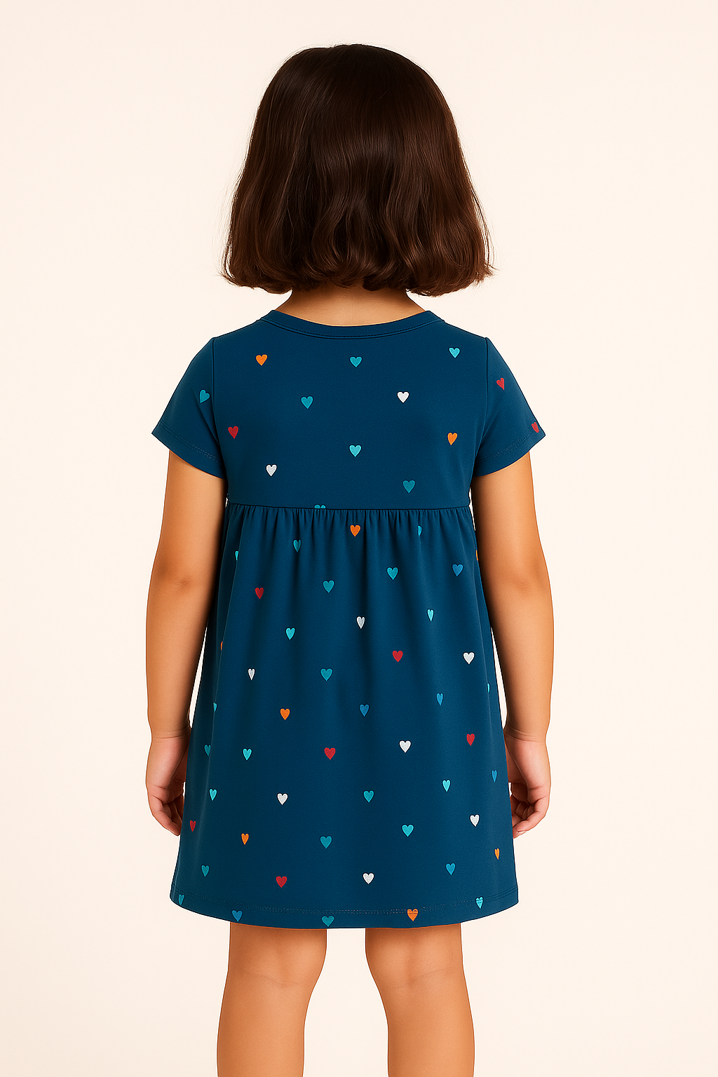 Baby Girls’ Cotton Fit and Flare Dress – Teal Blue with Multicolor Heart Print & Bow Detail