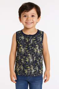 Boys' Sleeveless Henley T-shirt – Navy Blue with Neon Yellow Graphic Print