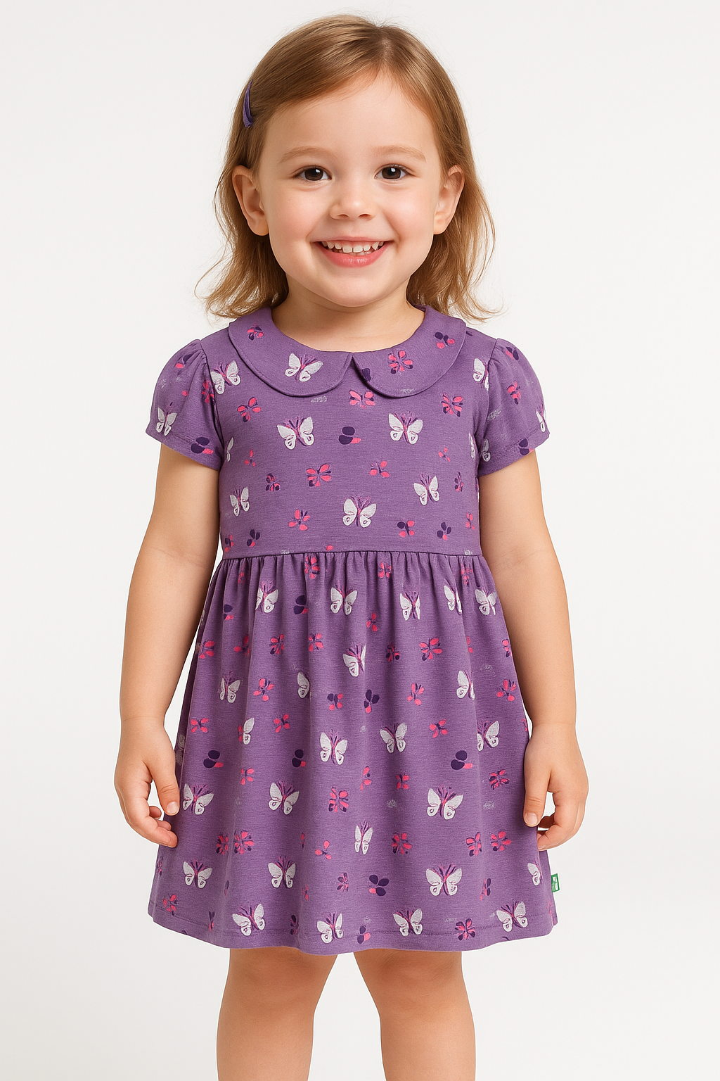 Baby Girls' Butterfly Print Cotton Dress – Purple Short Sleeve Frock with Peter Pan Collar