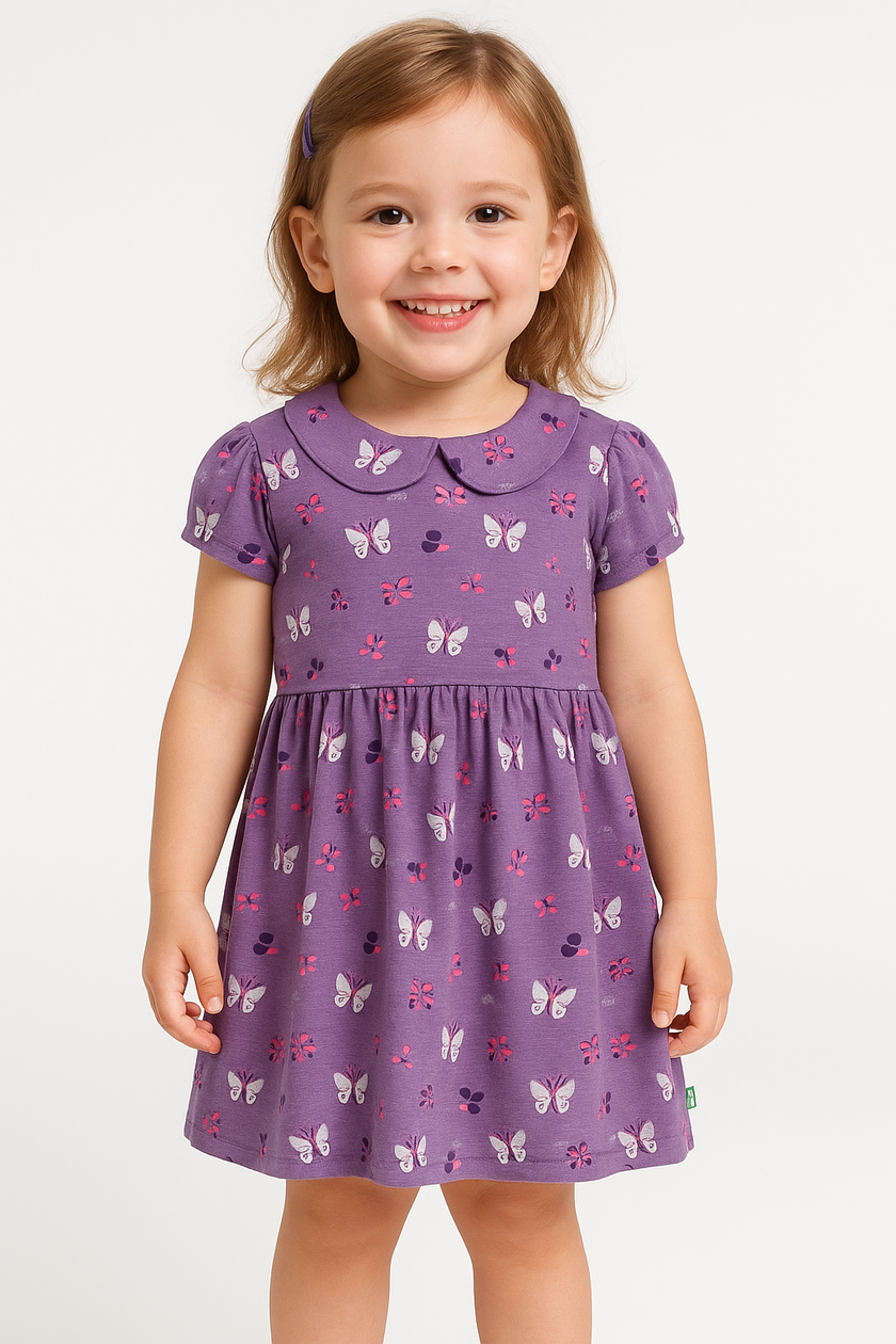 Baby Girls' Butterfly Print Cotton Dress – Purple Short Sleeve Frock with Peter Pan Collar