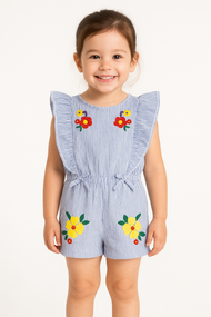 Baby Girls' Striped Ruffle Sleeve Playsuit – Blue Cotton with Colorful Floral Embroidery