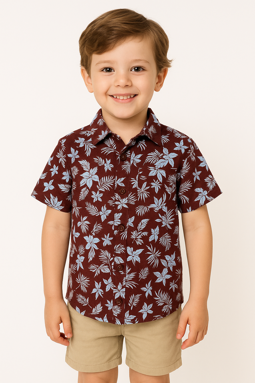 "Boys' Short Sleeve Tropical Print Button-Up Shirt – Maroon & Blue Floral Pattern"