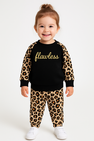 "Girls' Flawless Black Sweatshirt & Leopard Print Jogger Set – Stylish & Comfy Loungewear"