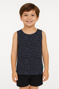 Boys' Sleeveless T-shirt – Navy Blue with Geometric Line Print