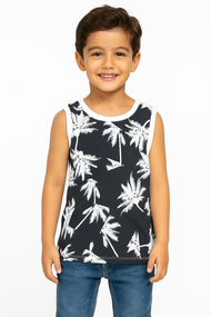"Boys' Sleeveless Palm Tree Print T-shirt – Black & White"