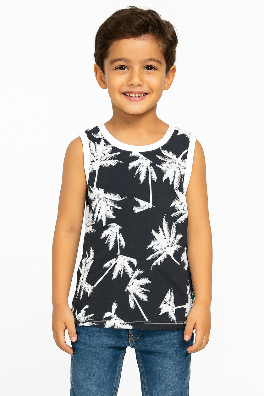 "Boys' Sleeveless Palm Tree Print T-shirt – Black & White"