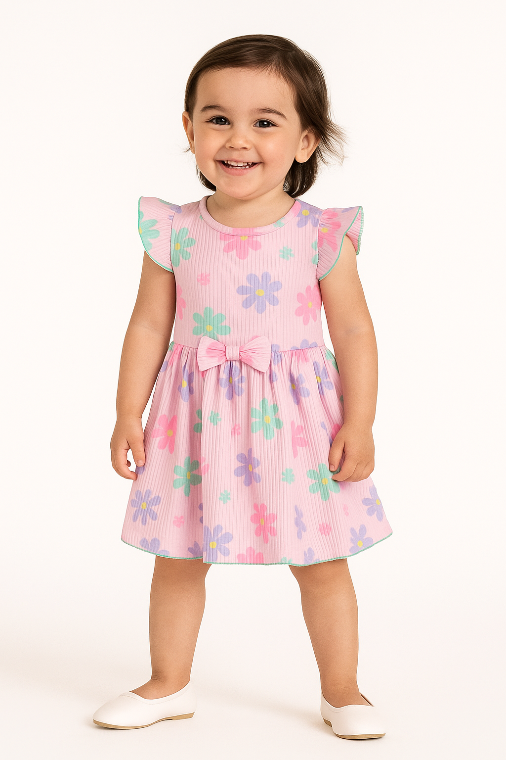 "Baby Girls’ Flutter Sleeve Floral Dress – Pink with Multicolor Daisy Print & Bow Detail"