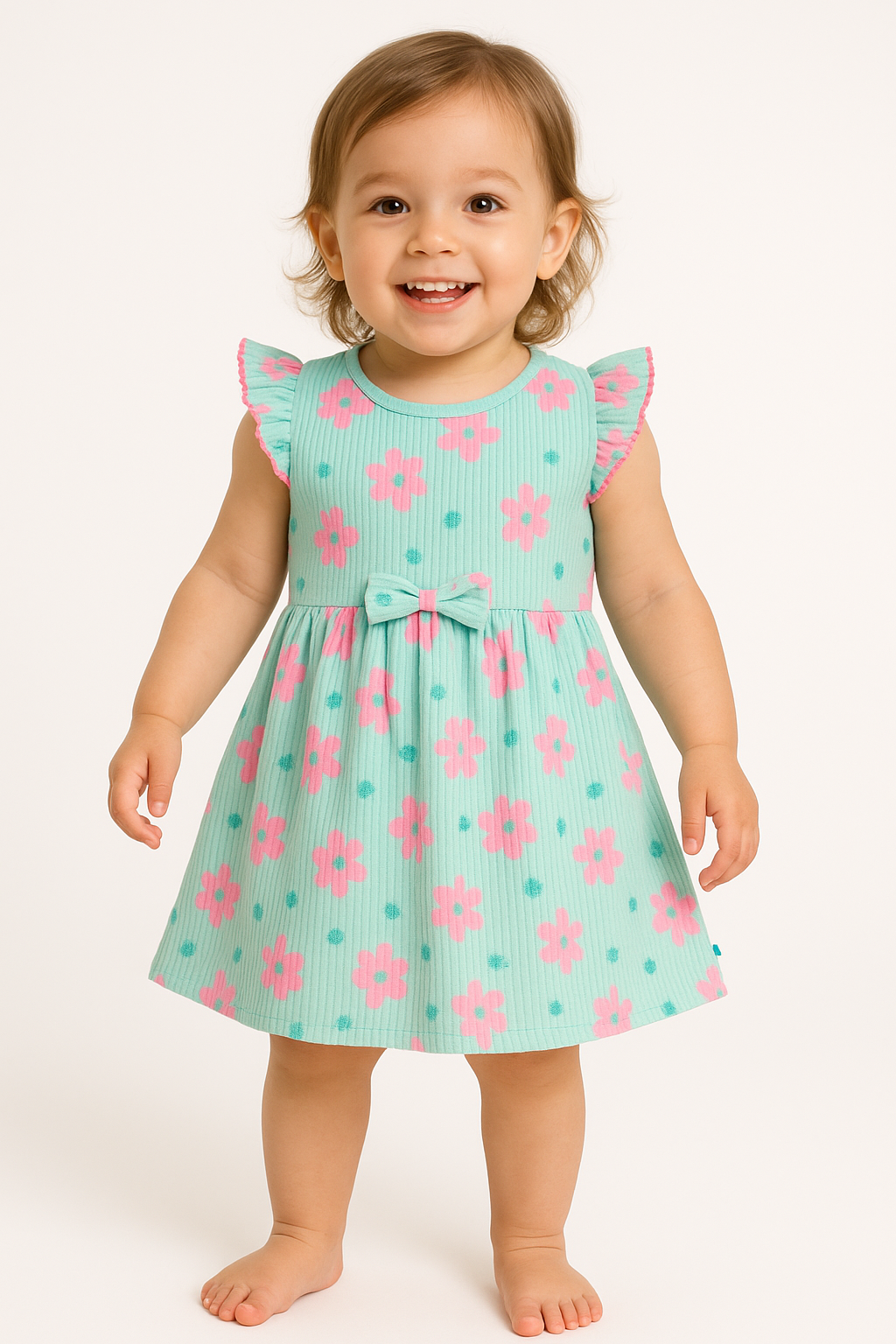 "Baby Girls’ Mint Green Flutter Sleeve Dress – Pink Floral Print with Bow Accent"