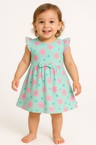 "Baby Girls’ Mint Green Flutter Sleeve Dress – Pink Floral Print with Bow Accent"