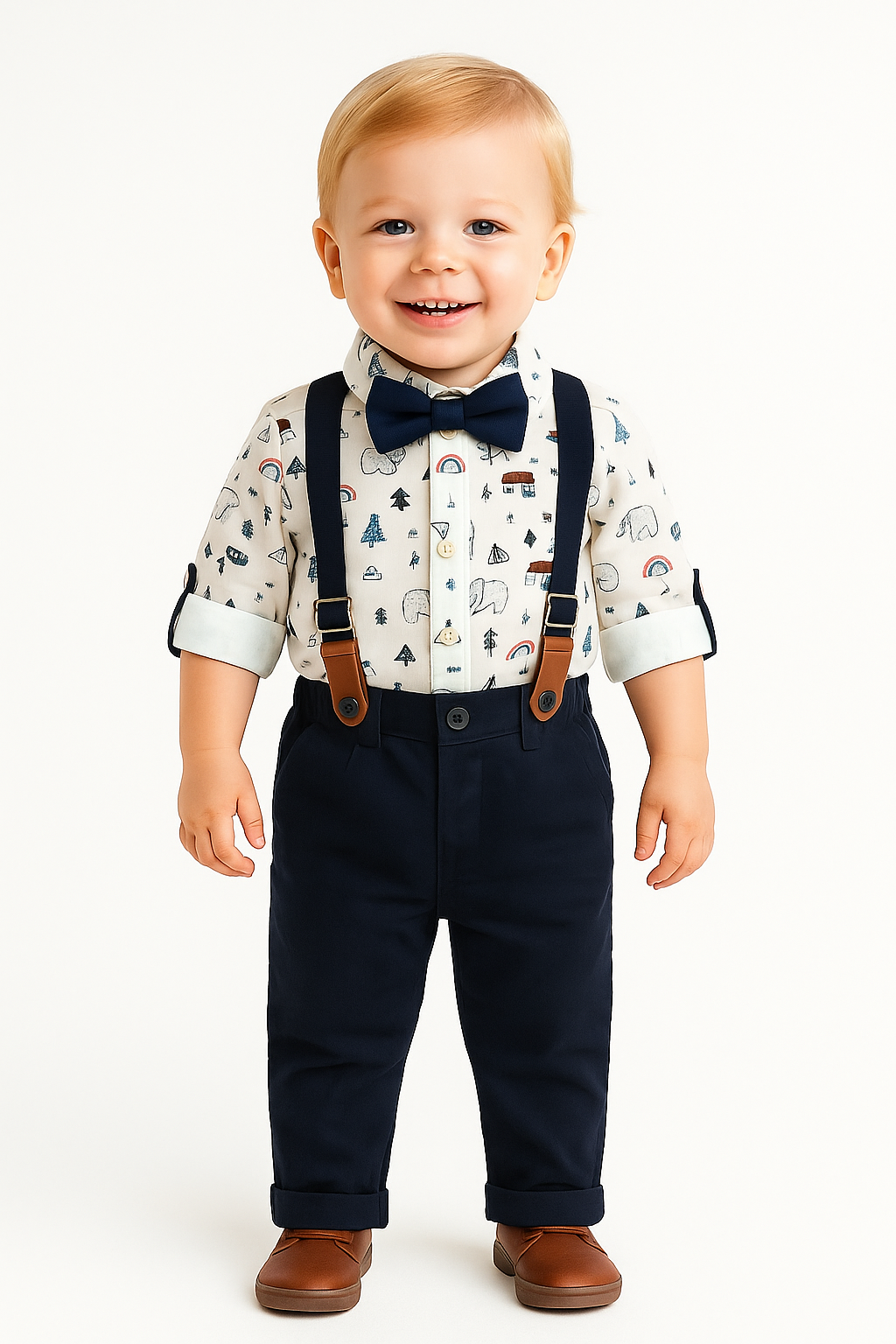 Baby Boys' Formal Outfit – Printed Shirt with Suspenders & Navy Pants