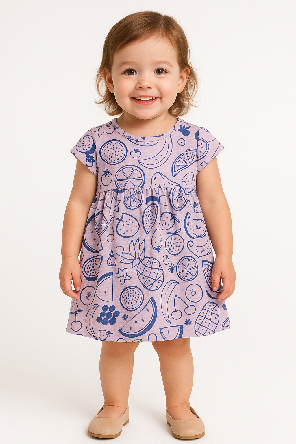 Baby Girls' Lavender Fruit Print Dress – Cotton Short Sleeve
