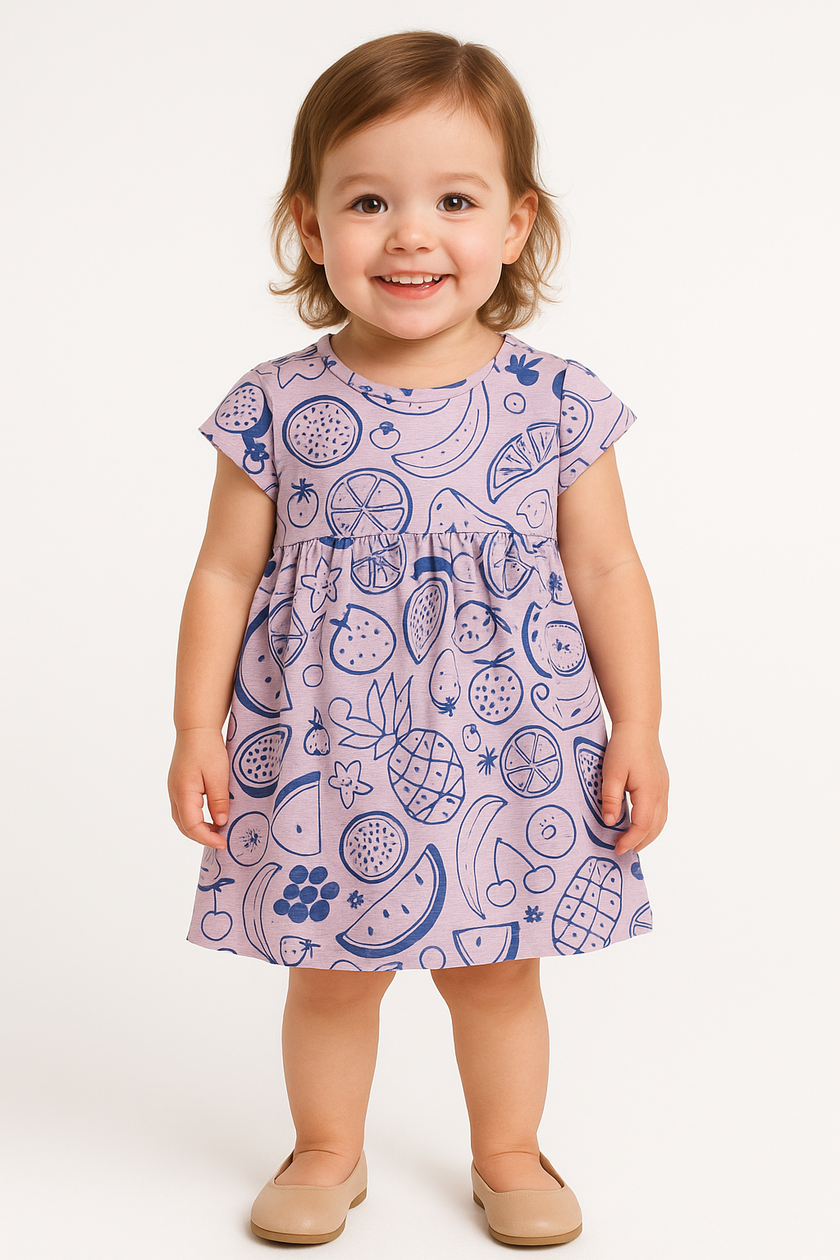 Baby Girls' Lavender Fruit Print Dress – Cotton Short Sleeve