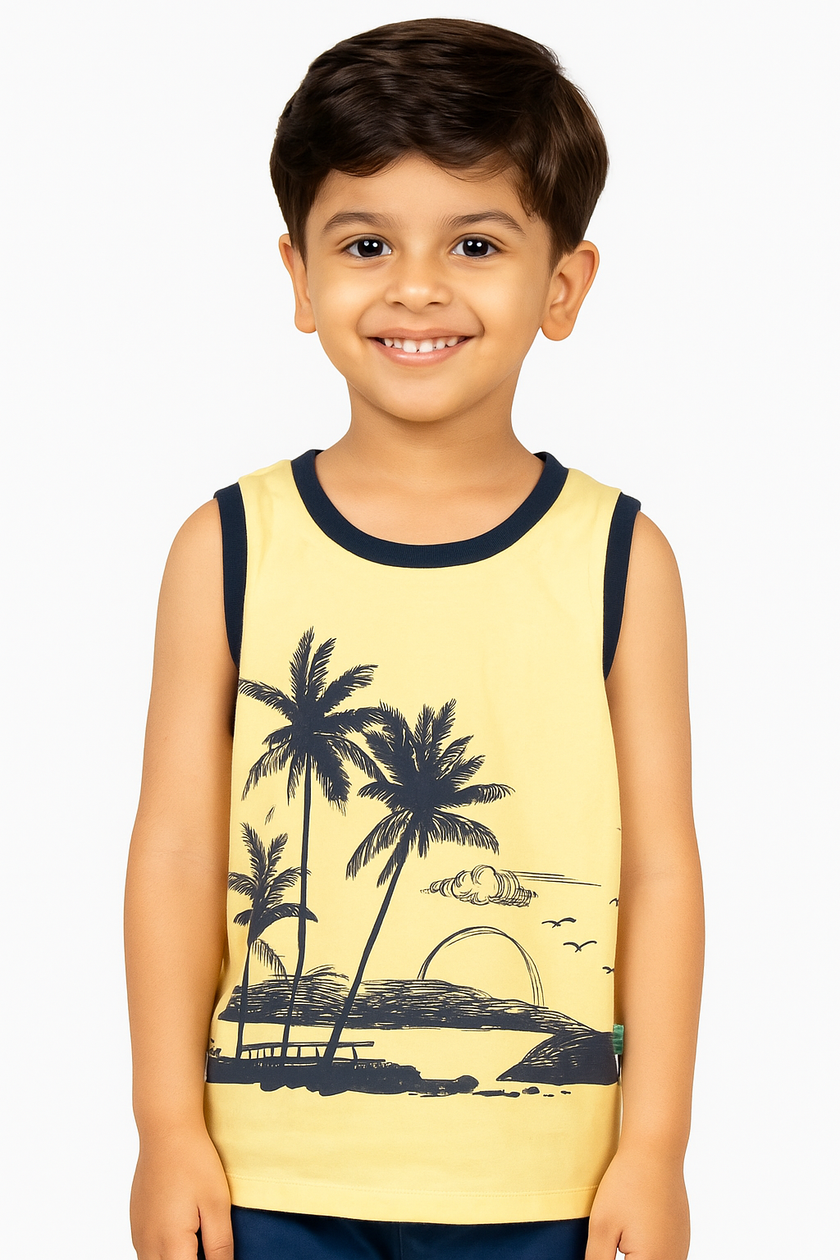 Tropical Sunset Print Sleeveless T-shirt for Kids – Soft Cotton Casual Wear