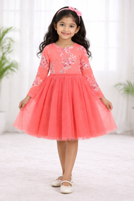 "Girls Coral Floral Print Party Dress with Soft Tulle Skirt"
