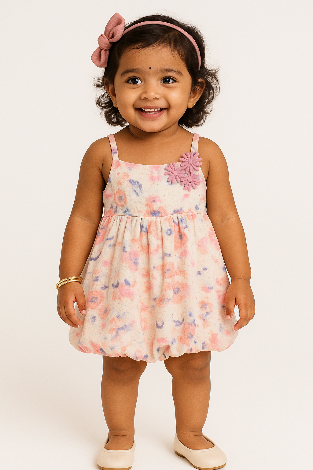 "Baby Girls Printed Sleeveless Balloon Hem Dress with 3D Flower Applique"