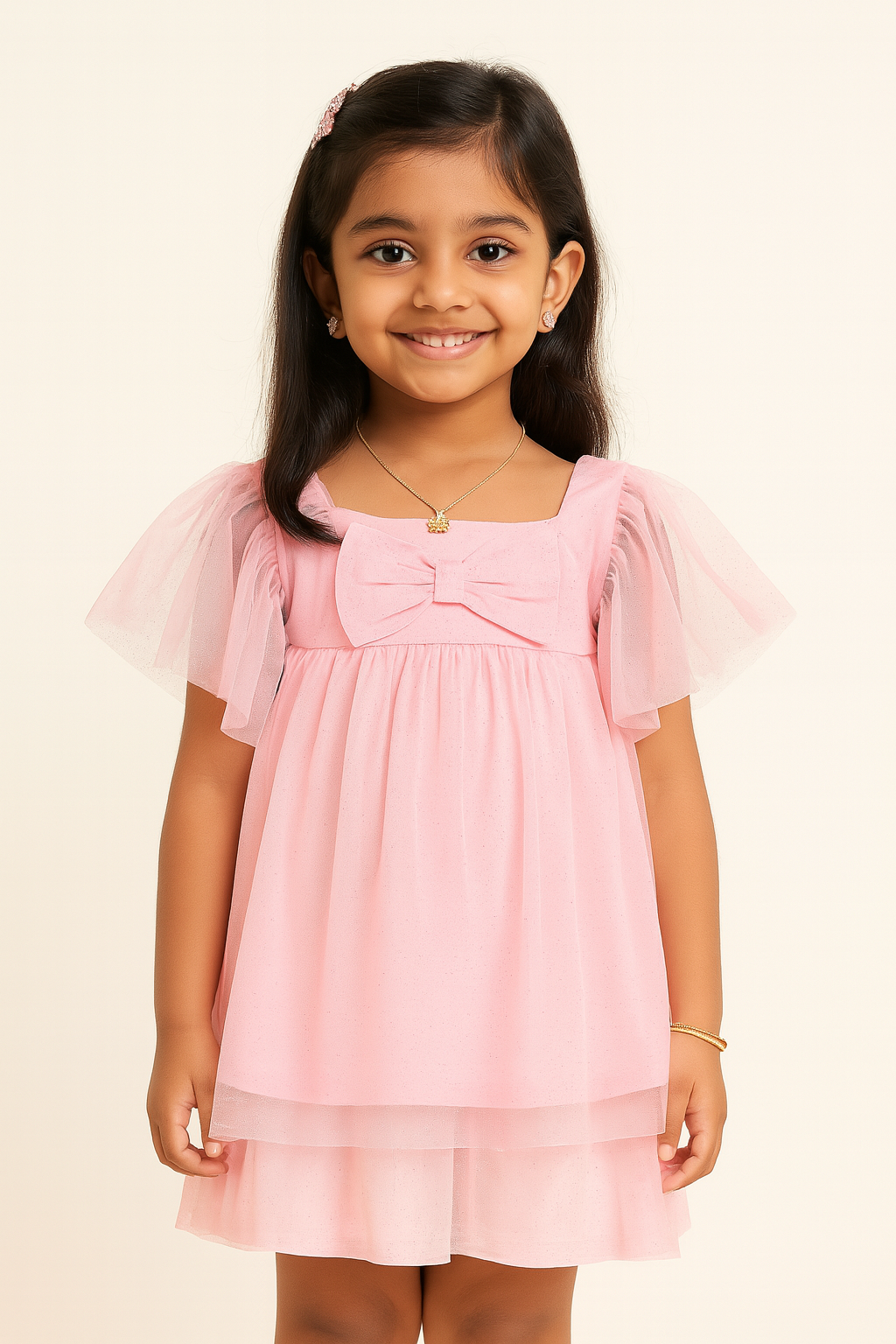 "Girls' Pink Tulle Top with Bow Detail and Puff Sleeves – Soft, Stylish, and Comfortable"