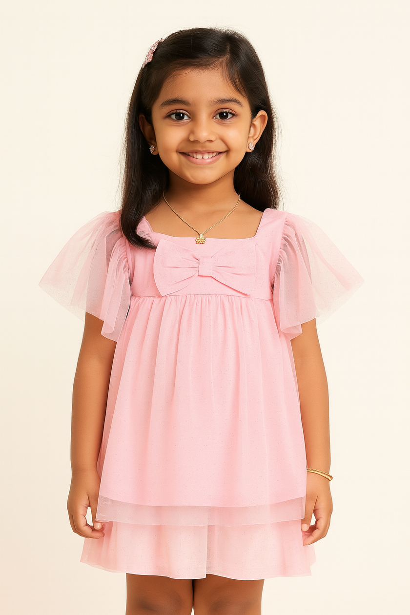 "Girls' Pink Tulle Top with Bow Detail and Puff Sleeves – Soft, Stylish, and Comfortable"
