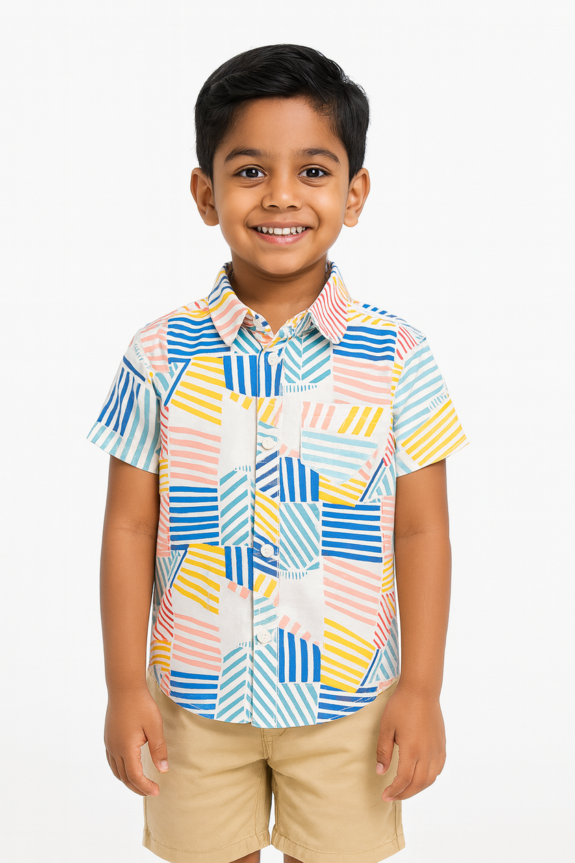 "Boys’ Multicolor Vibrant Geometric Striped Print Shirt – Short Sleeves"