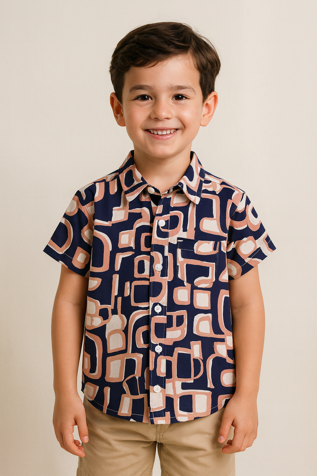 "Boys’ Stylish Printed Shirt – Navy, Peach & White Abstract Design"