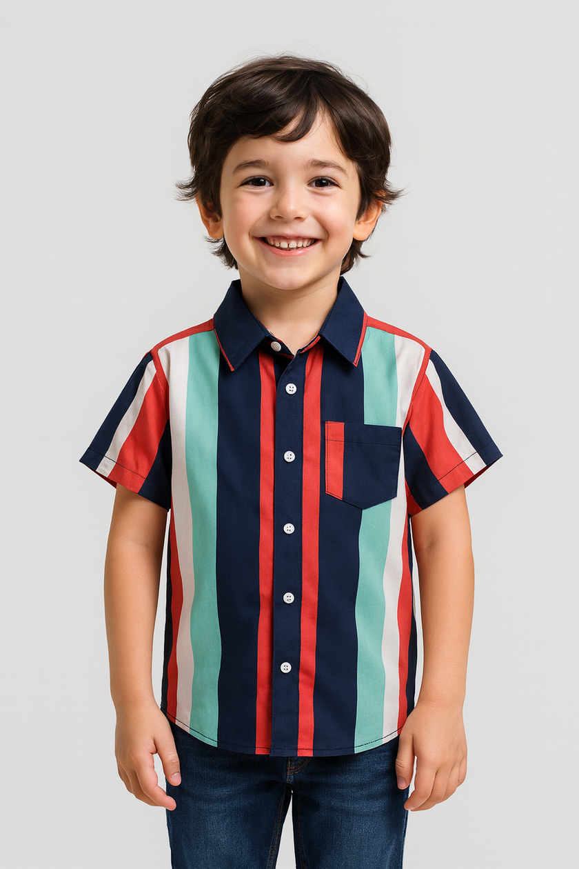 "Boys’ Multicolor Vertical Stripe Short Sleeve Shirt – Stylish Navy, Red & Mint Button-Down Casual Wear"