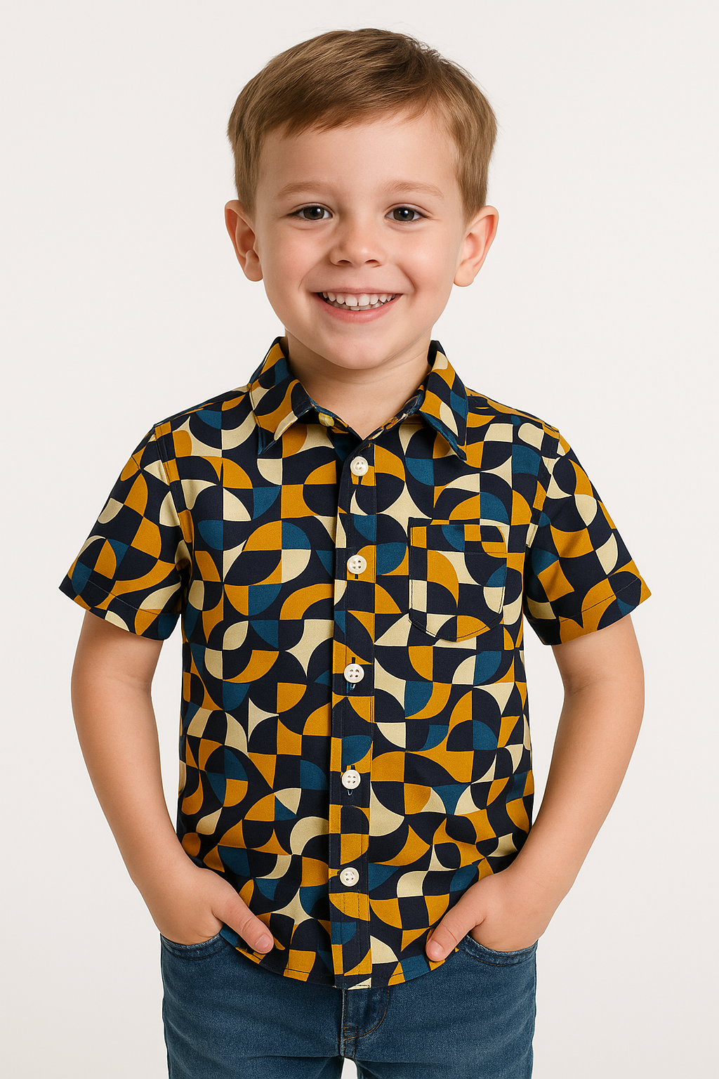 "Boys’ Geometric Print Short Sleeve Shirt – Stylish Multicolor Abstract Pattern Button-Down Casual Wear"
