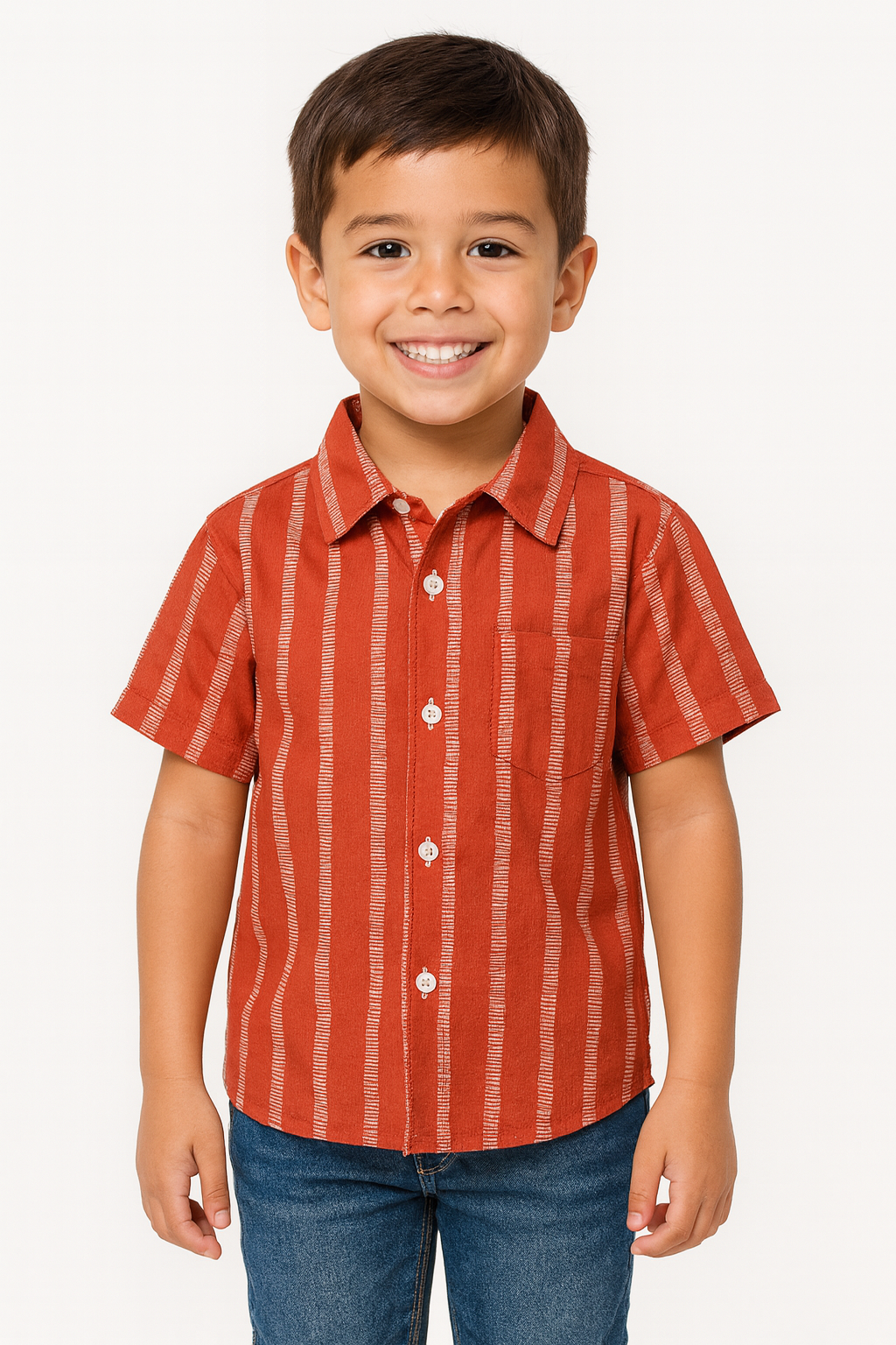 "Boys’ Rust Orange Vertical Stripe Short Sleeve Shirt – Stylish Casual Button-Down with White Line Pattern"