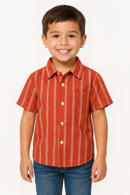 "Boys’ Rust Orange Vertical Stripe Short Sleeve Shirt – Stylish Casual Button-Down with White Line Pattern"