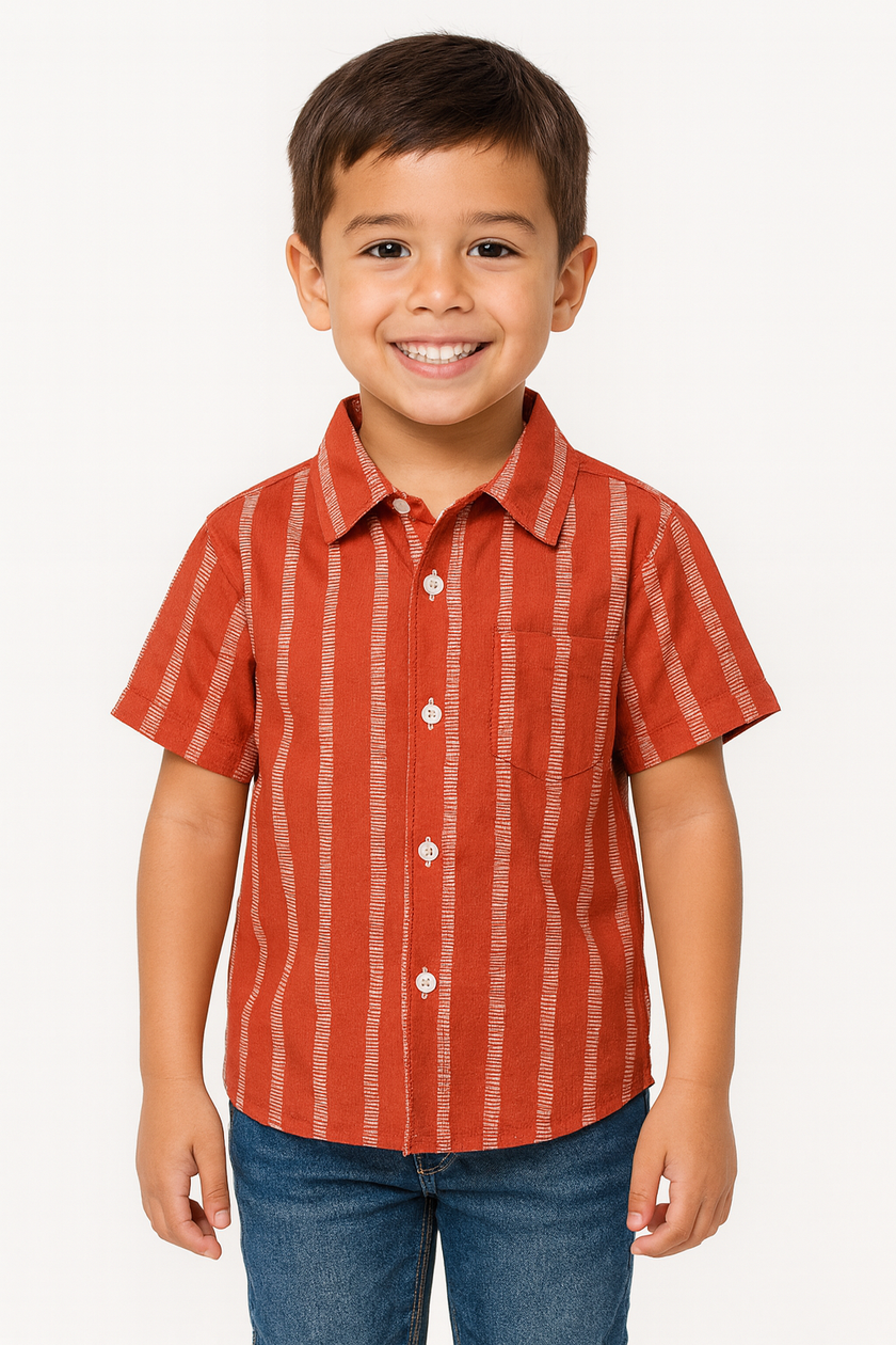 "Boys’ Rust Orange Vertical Stripe Short Sleeve Shirt – Stylish Casual Button-Down with White Line Pattern"