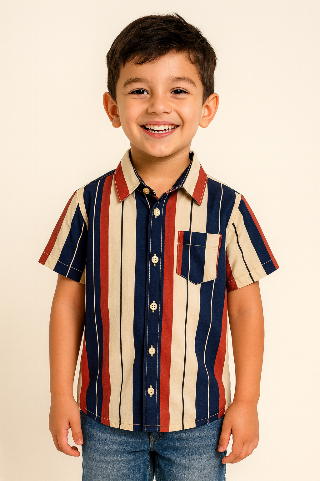 "Boys’ Multicolor Vertical Striped Short Sleeve Casual Wear Shirt Casual Wear -Blue, Red & Beige"