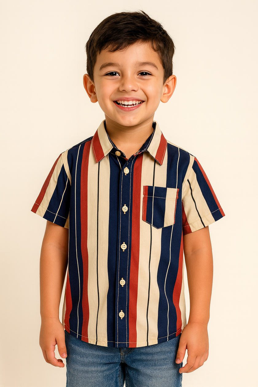 "Boys’ Multicolor Vertical Striped Short Sleeve Casual Wear Shirt Casual Wear -Blue, Red & Beige"