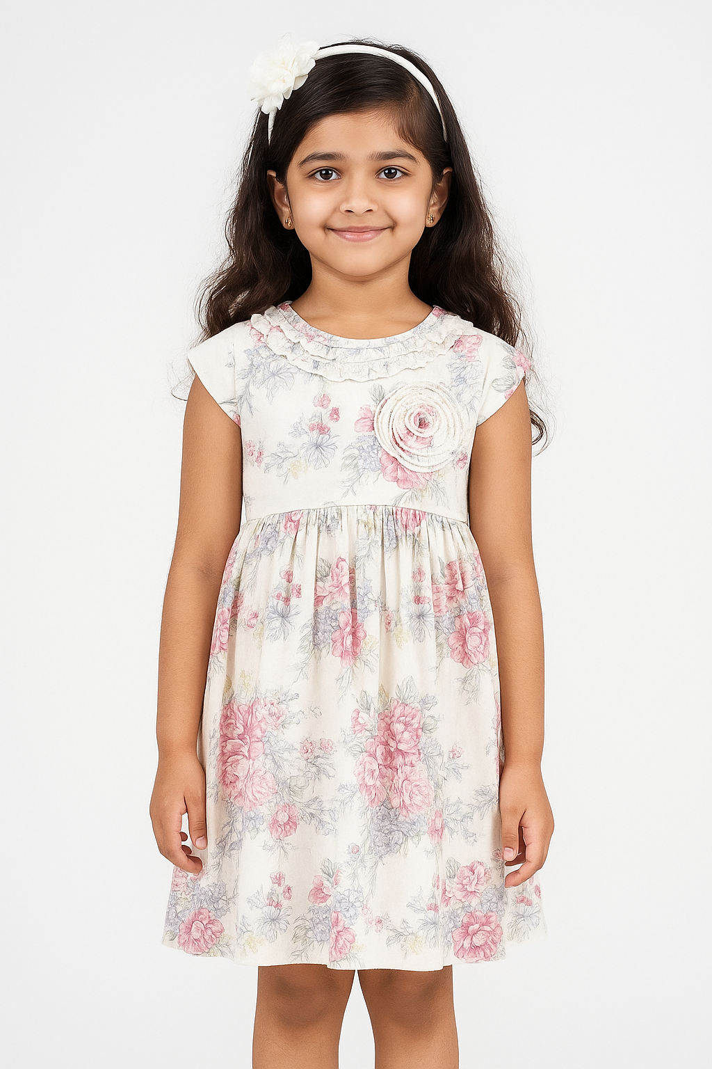 Baby Girls Soft Cotton Floral Frock with Ruffle Neck & Flower Appliqué