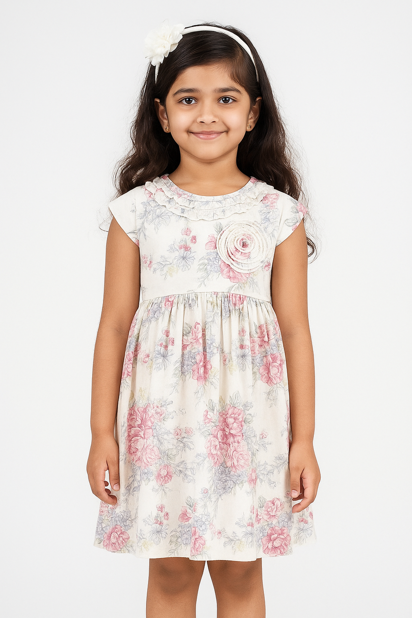 Baby Girls Soft Cotton Floral Frock with Ruffle Neck & Flower Appliqué