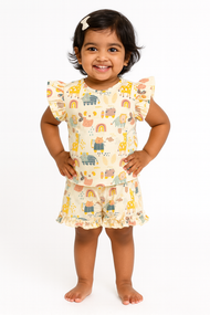 “Baby Girls Cotton Co-ord Set with Ruffle Sleeve Top & Shorts – Multicolor Animal Print”