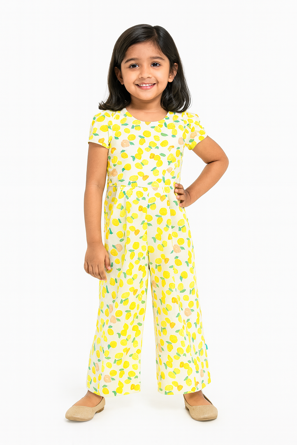 “Girls Cotton Half Sleeve Jumpsuit with Allover Lemon Print – White & Yellow”