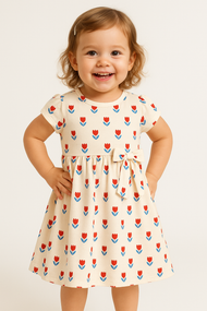 "Baby Girls Cream Tulip Print Cotton Dress with Bow – Short Sleeve"