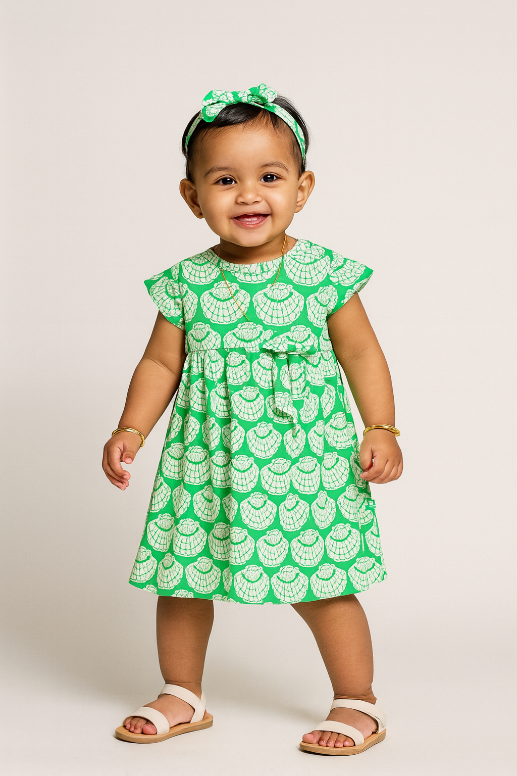 Baby Girls' Green Seashell Print Cap Sleeve Dress with Bow Accent