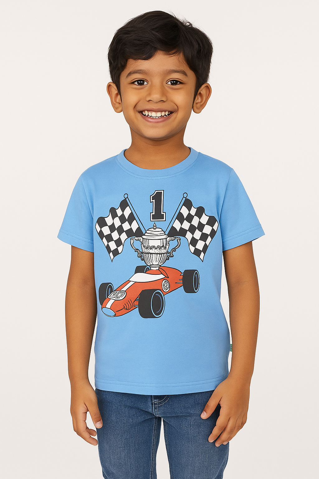 Boys' Racing Champion T-Shirt - Formula Car & Checkered Flags Print