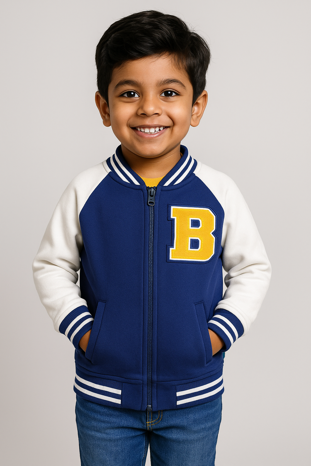 Boys' Varsity Sweatshirt - Blue & White Letterman Bomber with Patch Detail
