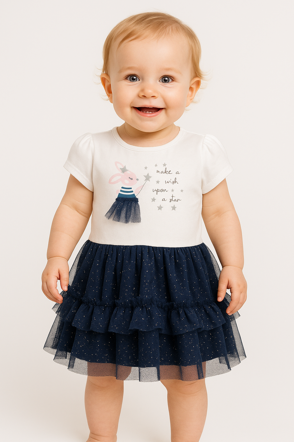 Girls' White and Navy Glitter Tulle Dress with Bunny Print