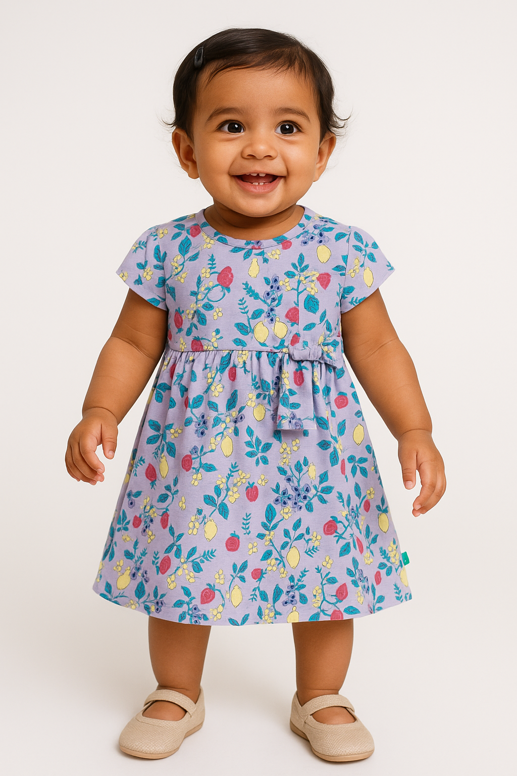 Girls' Lavender Fruit-Print Dress with Bow Detail