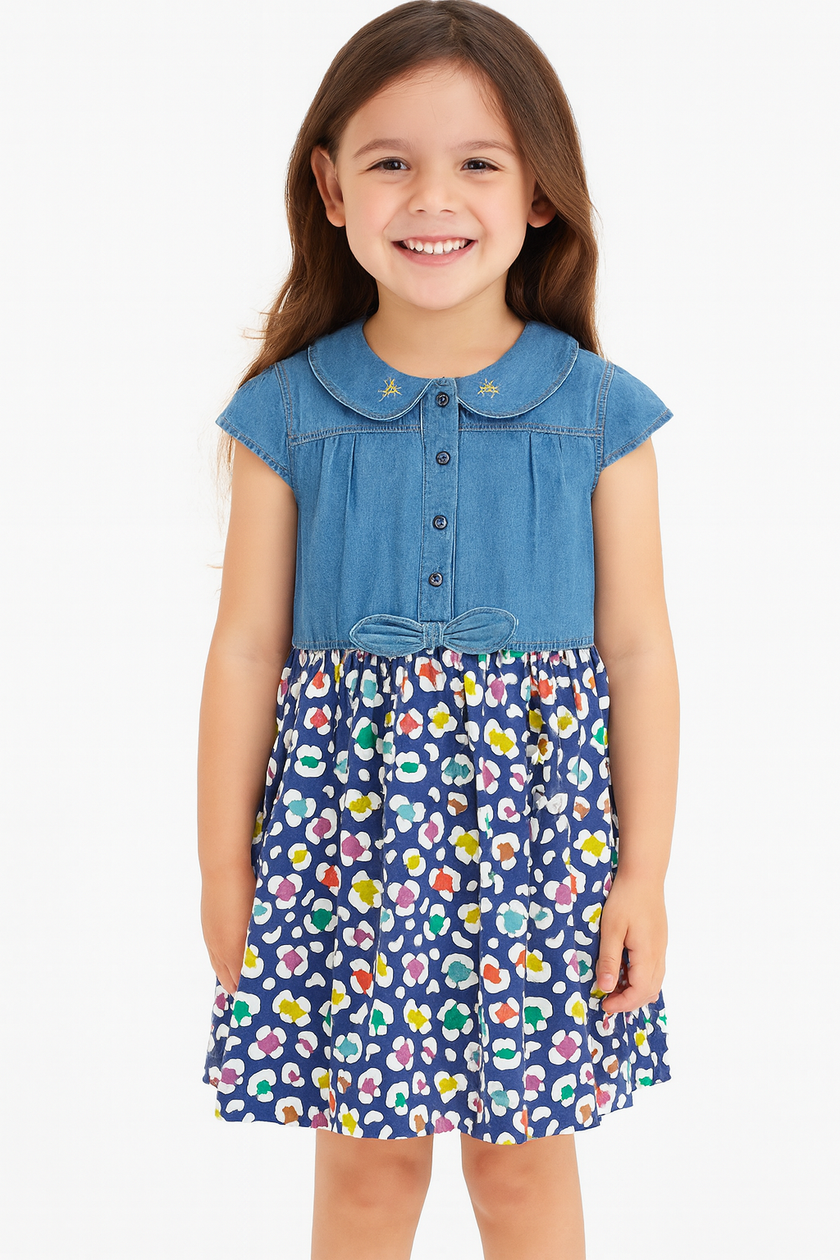 Girls' Denim Top Dress with Embroidered Peter Pan Collar and Colorful Leopard Print Skirt